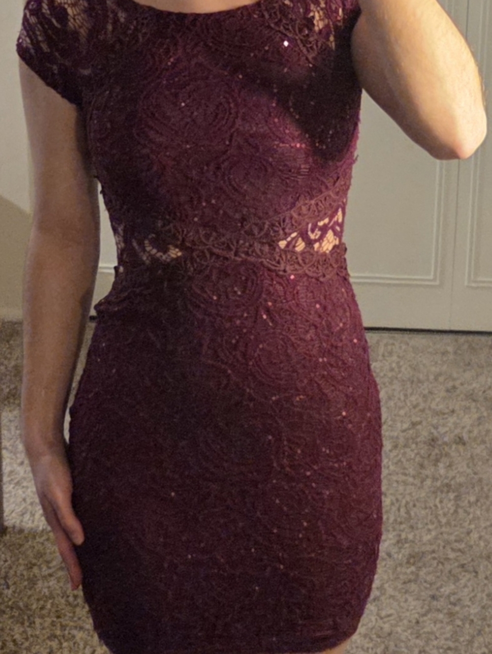 by & by Burgundy Lace Sequin Mini Dress